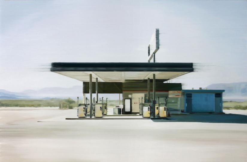 Desert Gas Station 2021 oil on wood 80 x 122 cm - Jan Ros 